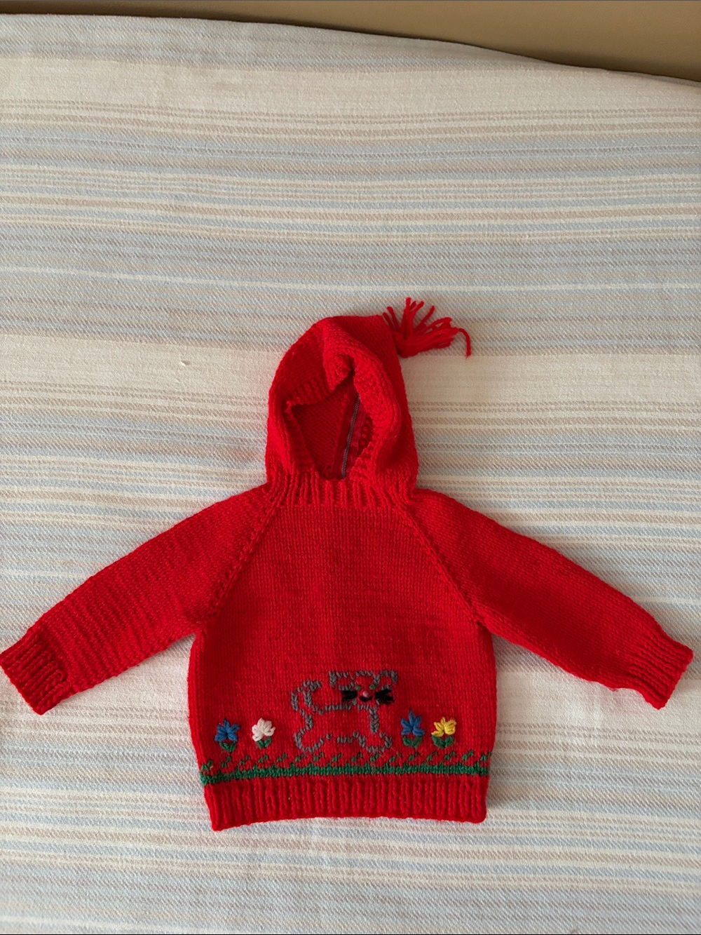 Red Hooded Knit Kids Sweater with Floral Trim